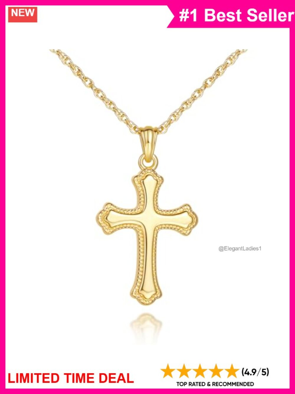 14K Gold Plated Cross Necklace Women Beaded Double Layer 17.5-21" Cuban Chain